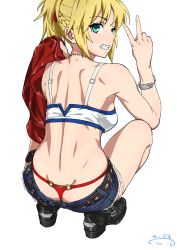  1girl ass bandeau blonde_hair braid breasts denim denim_shorts fate/apocrypha fate_(series) from_behind full_body g-string green_eyes hair_ornament hair_scrunchie highres long_hair looking_at_viewer looking_back medium_breasts micro_shorts mordred_(fate) mordred_(fate/apocrypha) mordred_(memories_at_trifas)_(fate) panties red_panties scrunchie shiny_skin short_shorts shorts simple_background solo_focus squatting suna_(sandworks) thong underwear whale_tail_(clothing) white_background  rating:Sensitive score:86 user:danbooru