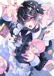  1boy animal_collar aqua_eyes bandaid bandaid_on_face barbell_piercing barcode black_hair bow chain collar cross crossdressing decora ear_piercing fang hair_between_eyes hair_ornament hairclip highres holding industrial_piercing jewelry kaminoq looking_at_viewer maid male_focus male_maid nail_polish o-ring o-ring_thigh_strap open_mouth original piercing pill pointy_ears ring skin_fang solo sticker_on_face sticker_on_leg stuffed_toy thigh_strap tongue_piercing x_hair_ornament yami_kawaii 