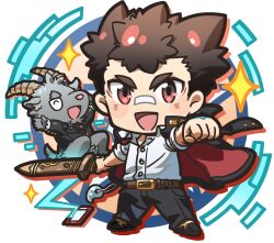  2boys bandaid bandaid_on_face bandaid_on_nose belt black_pants brown_eyes brown_hair chibi clenched_hand collared_shirt commentary drop_shadow full_body furry furry_male gakuran glitch goat_boy hand_tattoo highres holding holding_sword holding_weapon jacket jacket_on_shoulders loafers looking_at_viewer magatama male_focus multiple_boys nizitaro open_mouth pants partially_unbuttoned protagonist_1_(housamo) salomon_(housamo) school_uniform shirt shoes short_hair sideburns simple_background smile sparkle standing sword tattoo thick_eyebrows tokyo_houkago_summoners weapon white_background white_shirt 