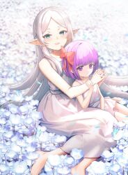  2girls aged_down alternate_hairstyle barefoot blue_butterfly blunt_bangs bob_cut bug butterfly collarbone commentary_request dress elf fern_(sousou_no_frieren) field flower flower_field forehead frieren green_eyes height_difference hug hug_from_behind hungz insect long_hair looking_at_viewer multiple_girls parted_bangs parted_lips pointy_ears purple_eyes purple_hair short_hair sidelocks size_difference sousou_no_frieren sundress thick_eyebrows white_dress white_hair 