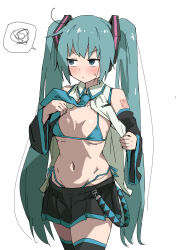  1girl aqua_eyes aqua_hair averting_eyes bikini black_thighhighs breasts commentary hatsune_miku highres light_frown long_hair looking_to_the_side medium_breasts micro_bikini navel open_clothes pleated_skirt simple_background skirt solo spoken_squiggle squiggle sweat swimsuit tenten_(chan4545) thighhighs thong twintails v-shaped_eyebrows vocaloid white_background zettai_ryouiki 