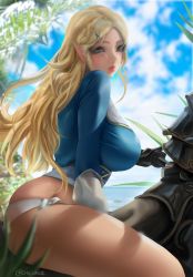 1girl absurdres artist_name ass black_gloves blonde_hair blue_eyes blue_shirt blue_sky blurry blurry_background breasts cloud day depth_of_field from_side gloves hair_ornament hairclip highres horse horseback_riding large_breasts long_hair long_sleeves looking_at_viewer looking_to_the_side nintendo no_pants oscuroii outdoors panties parted_lips pointy_ears princess_zelda riding shirt sky solo the_legend_of_zelda the_legend_of_zelda:_breath_of_the_wild underwear white_panties rating:Sensitive score:44 user:danbooru