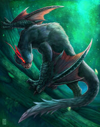  absurdres black_fur claws closed_mouth dappled_sunlight dragon forest full_body glowing glowing_eyes highres monster monster_focus monster_hunter_(series) nargacuga nature no_humans nostrils on_tree outdoors scales slit_pupils solo spiked_tail sunlight tail uchi_vs_the_world watermark wyvern yellow_eyes 