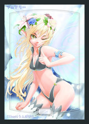  1girl armlet artist_name bikini black_bikini black_border blue_flower blue_rose boots border breasts cleavage clenched_hand closed_mouth collared_bikini commentary_request cowboy_shot fairy flower hair_flower hair_ornament highres insect_wings leaf long_hair magic:_the_gathering navel one_eye_closed original pointing pointing_up pointy_ears rose small_breasts smile solo stomach swimsuit thigh_boots translation_request unpopin white_trim wings 