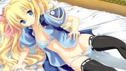 1girl arm_support bed bed_sheet black_thighhighs blonde_hair blue_bra blue_eyes blue_panties blue_shirt blush bra breasts cleavage collarbone doumyouji_sakura floor fue_(tsuzuku) hair_between_eyes hair_ribbon hand_on_own_hip high_collar highres light_smile lingerie long_hair looking_at_viewer lying midriff navel open_clothes open_shirt panties panty_pull pink_ribbon puffy_sleeves pussy ribbon shirt short_sleeves side-tie_panties smile solo thighhighs twintails uncensored underwear undressing very_long_hair volume7 white_ribbon wing_collar wooden_floor rating:Explicit score:15 user:danbooru