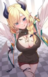  1girl :q bat_hair_ornament black_horns black_sweater blonde_hair blue_eyes blush braid breasts brown_sweater checkered_floor cleavage cleavage_cutout clothing_cutout commentary hair_ornament hair_over_shoulder heart heart_necklace heart_o-ring highres hololive horns jacket jewelry large_breasts long_hair long_sleeves looking_at_viewer necklace o-ring o-ring_thigh_strap official_alternate_costume open_clothes open_jacket pointy_ears red_shorts short_shorts shorts single_braid sleeveless sleeveless_turtleneck solo standing sweater swept_bangs thigh_strap thighs tongue tongue_out turtleneck turtleneck_sweater virtual_youtuber white_jacket winged_heart yuzuki_choco yuzuki_choco_(streetwear) z.m._(zimin) 