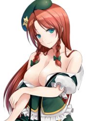  1girl arm_under_breasts bare_shoulders beret black_ribbon blush bow braid breasts collarbone commentary_request frills green_bow green_eyes green_hat green_skirt green_vest hair_bow hat head_tilt highres hong_meiling lips long_hair looking_at_viewer medium_breasts off_shoulder pink_lips puffy_short_sleeves puffy_sleeves red_hair ribbon shiny_skin shirt short_sleeves simple_background skirt smile solo star_(symbol) touhou transparent_background twin_braids upper_body utakata_(kochou_no_yume) vest white_background white_shirt 
