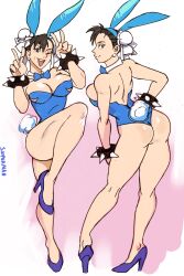  1girl ;d animal_ears artist_name ass back bare_shoulders blue_bow blue_bowtie blue_leotard bow bow_choker bowtie bracelet breasts brown_eyes brown_hair capcom chun-li cleavage commentary double_bun double_v earrings english_commentary fake_animal_ears fake_tail hair_bun high_heels highres jewelry large_breasts leg_up leotard multiple_views one_eye_closed open_mouth playboy_bunny rabbit_ears rabbit_tail short_hair smile sooperman spiked_bracelet spikes strapless strapless_leotard street_fighter tail teeth thighs upper_teeth_only v 