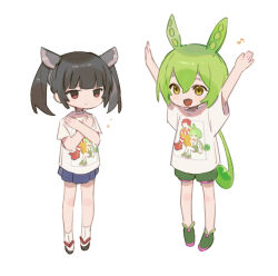 2girls absurdres arms_up black_hair blade blue_skirt blunt_bangs caret0606 character_print empty_eyes expressionless full_body green_footwear green_hair green_shorts hair_between_eyes hands_on_own_chest headgear highres long_hair low_ponytail mcdonald&#039;s miniskirt multiple_girls okobo open_mouth pea_pod pleated_skirt print_shirt puffy_shorts ran_ran_ru red_eyes ronald_mcdonald sandals shirt shoes short_hair short_sleeves short_twintails shorts simple_background skirt smile t-shirt tabi touhoku_kiritan twintails voiceroid voicevox white_background white_shirt x_arms yellow_eyes zundamon 