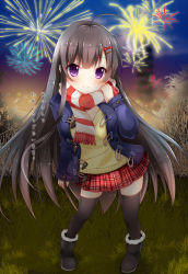 1girl black_hair black_thighhighs blush boots breasts duji_amo fireworks fur_boots hair_ornament hairpin happy_new_year highres jacket large_breasts long_hair looking_at_viewer new_year original plaid plaid_skirt purple_eyes scarf school_uniform shoes skirt solo striped_clothes striped_scarf thighhighs usagihime very_long_hair  rating:Sensitive score:7 user:danbooru