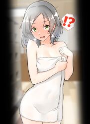  !? 1girl blush breasts collarbone commentary_request furaggu_(frag_0416) green_eyes grey_hair highres indoors kantai_collection kuroshio_(kancolle) looking_at_viewer medium_breasts medium_hair naked_towel open_mouth solo standing surprised towel 
