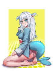  1girl absurdres animal_costume ass barefoot blue_eyes commentary english_commentary feet fins fish_tail gawr_gura gawr_gura_(1st_costume) hair_ornament highres hololive hololive_english long_hair looking_at_viewer looking_back mikexyil open_mouth shark_costume shark_girl shark_hair_ornament shark_tail sharp_teeth simple_background smile solo tail tan tanline teeth virtual_youtuber  rating:Sensitive score:6 user:danbooru