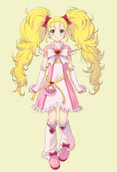  1girl blonde_hair bow bowtie brooch capelet closed_mouth commentary detached_sleeves dress earrings frilled_sleeves frills full_body futari_wa_precure futari_wa_precure_max_heart hair_bow hair_pulled_back heart heart_brooch heart_earrings highres jewelry kazuma_muramasa kujou_hikari leg_warmers long_hair looking_at_viewer magical_girl medium_dress messy_hair pink_capelet pink_dress pink_footwear pouch precure red_bow shiny_luminous shoes simple_background sleeveless sleeveless_dress smile solo standing twintails white_bow white_bowtie white_leg_warmers white_sleeves 