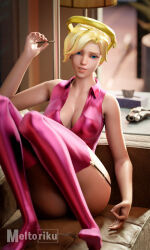 1girl 3d absurdres angela_ziegler bad_tag blender blender_(medium) blizzard_(company) blonde_hair blue_eyes breasts doctor glasses highres lingerie looking_away meltoriku mercy naughty_face nurse overwatch overwatch_2 pussy rubber rubber_clothing rubber_suit smile solo solo_focus standing thighhighs thighs underwear