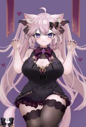  :3 ahoge akimoto8 animal_ear_fluff animal_ears belt black_belt black_bow black_dress black_nails black_ribbon bow bowtie breasts cat_ears cat_girl cleavage_cutout clothing_cutout cowboy_shot dress frilled_dress frills grey_hair hair_bow hair_ribbon heart highres large_breasts long_hair nyatasha_nyanners purple_bow purple_bowtie purple_brooch purple_eyes purple_nails purple_skirt ribbon skirt skirt_under_dress sleeveless sleeveless_dress thighhighs twintails two-tone_nails virtual_youtuber vshojo zettai_ryouiki 