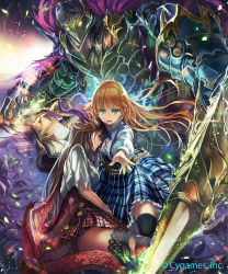  2girls absurdres armor black_legwear blonde_hair blue_eyes blue_skirt book dragon_girl dragon_tail dragon_wings dress_shirt floating_hair frilled_skirt frills full_armor glowing glowing_eyes high-waist_skirt highres holding holding_weapon horns long_hair looking_at_viewer multiple_girls open_book open_mouth outstretched_arms ponzu_(catponz) red_skirt red_wings shingeki_no_bahamut shirt skirt tail tears thighhighs torn_clothes torn_legwear torn_shirt very_long_hair weapon white_shirt wings yellow_eyes  rating:Sensitive score:6 user:danbooru