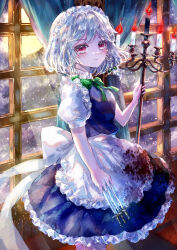  1girl absurdres apron blue_dress bow braid candle candlestand closed_mouth curtains dress frilled_apron frilled_dress frills green_bow grey_hair highres holding holding_knife indoors izayoi_sakuya knife looking_at_viewer maid maid_apron maid_headdress puffy_short_sleeves puffy_sleeves red_eyes short_hair short_sleeves solo suzushina touhou twin_braids white_apron window 