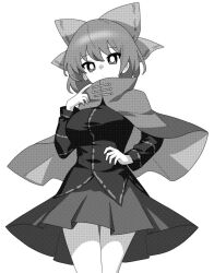  1girl bow cape cloak commentary greyscale hair_bow highres long_sleeves looking_at_viewer monochrome onkn_sxkn sekibanki shirt short_hair simple_background skirt solo touhou 