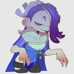  1girl absurdres bare_shoulders black_pants blue_hair collarbone ear_piercing fang fang_out hair_over_one_eye highres kageimo looking_at_viewer navel nintendo pants piercing red_eyes sarashi shiver_(splatoon) simple_background solo splatoon_(series) splatoon_3 tentacle_hair tongue tongue_out twitter_username white_background 