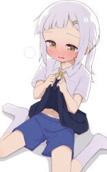  1girl ayanepuna blue_shorts blue_skirt blush brown_eyes clothes_lift collared_shirt commentary_request forehead gym_shorts hair_ornament hairclip highres lifted_by_self navel neck_ribbon nose_blush original parted_lips pleated_skirt ponytail ribbon shadow shirt short_sleeves shorts shorts_under_skirt simple_background sitting skirt skirt_lift small_sweatdrop solo sweat wariza wavy_mouth white_background white_hair white_shirt yellow_ribbon 
