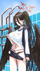  1girl absurdres black_choker black_hair black_panties black_wings blue_archive blue_jacket blue_shorts blue_sky blurry blurry_background blush breasts choker clear_sky clothes_lift clothes_pull clothes_writing commentary cowboy_shot day empty_pool feathered_wings fieryonion gym_shirt gym_shorts gym_uniform hair_between_eyes halo hasumi_(blue_archive) hasumi_(track)_(blue_archive) highres jacket large_breasts large_wings lifting_own_clothes light_smile long_hair long_sleeves looking_at_viewer low_wings mole mole_on_collarbone mole_under_eye navel official_alternate_costume open_clothes open_jacket outdoors panties ponytail pool red_eyes red_halo shirt shirt_lift shorts shorts_pull sky solo track_jacket underwear very_long_hair white_shirt wings  rating:Sensitive score:22 user:danbooru