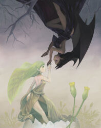  2girls angel_wings bare_tree black_dress black_eyes breasts commentary_request dark-skinned_female dark_skin demon_girl demon_wings dress egg fantasy feathered_wings flower green_eyes hair_wings holding_hands looking_at_another multiple_girls original rotational_symmetry roten sky small_breasts smile tree wings 