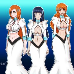  3girls absurdres bleach bleach:_sennen_kessen-hen blue_hair breasts cleavage cleavage_cutout clothing_cutout cosplay crossover female_focus highres hyuuga_hinata inoue_orihime inoue_orihime_(cosplay) large_breasts multiple_girls nami_(one_piece) naruto_(series) navel one_piece orange_hair signature trait_connection wide_hips  rating:Questionable score:42 user:draxdrilox