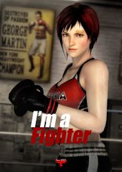  1girl 3d absurdres boxing_gloves breasts brown_eyes dead_or_alive dead_or_alive_5 highres indoors large_breasts lips looking_at_viewer mila_(doa) mixed_martial_arts official_art promotional_art red_hair short_hair solo sweat tecmo watermark  rating:Sensitive score:19 user:danbooru