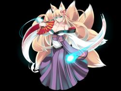  1girl aged_up animal_ears bare_shoulders blonde_hair bow fang folding_fan fox_ears fox_tail green_eyes hair_bow hand_fan japanese_clothes kimono kitsune kyuubi mon-musu_quest! monster_girl multiple_tails obi sash shiki_(psychedelic_g2) solo tail tamamo_(mon-musu_quest!) tattoo  rating:Questionable score:29 user:Severontous