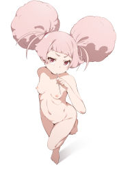  1girl afro_puffs breasts chuatury_panlunch commentary_request completely_nude double_bun female_focus full_body groin gundam gundam_suisei_no_majo hair_bun hand_up highres holding loli looking_at_viewer navel nekono_matatabi nipples nude pink_hair red_eyes shadow short_eyebrows simple_background small_breasts solo standing standing_on_one_leg v-shaped_eyebrows white_background  rating:Questionable score:111 user:danbooru