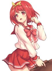 1girl :d bad_id bad_twitter_id bag bow cowboy_shot hairband hand_in_own_hair jpeg_artifacts kamigishi_akari looking_at_viewer looking_to_the_side mochi.f open_mouth pleated_skirt red_eyes red_hair red_skirt school_bag school_uniform serafuku short_hair simple_background skirt smile solo to_heart to_heart_(series) white_background rating:Sensitive score:3 user:danbooru