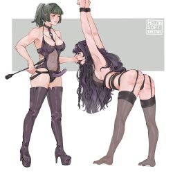  2girls armpits arms_up ass ball_gag bound breasts dildo gag green_hair highres holding holding_riding_crop large_breasts long_hair medium_breasts medium_hair melonsoftdrink multiple_girls original parted_lips purple_hair riding_crop sex_toy spanked strap-on yuri  rating:Questionable score:68 user:danbooru