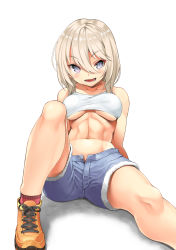  1girl abs bare_shoulders blue_eyes blush breasts camisole collarbone crop_top denim denim_shorts hair_between_eyes highres jeans knee_up leaning_back looking_at_viewer medium_breasts midriff murata_taichi navel open_mouth original pants shoes short_shorts shorts sidelocks simple_background sitting sleeveless solo spread_legs toned unbuttoned underboob white_hair  rating:Sensitive score:25 user:danbooru