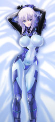 1girl arms_up bed blue_eyes bodysuit breasts cryska_barchenowa dakimakura_(medium) fortified_suit highres large_breasts light_purple_hair lying muv-luv muv-luv_alternative muvluv_alternative_total_eclipse muv-luv_total_eclipse on_back pilot_suit purple_hair short_hair skin_tight solo tnonizyou rating:Questionable score:32 user:danbooru
