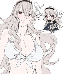  1girl absurdres bare_shoulders black_hairband blush breasts cake cape chibi chibi_inset cleavage corrin_(female)_(fire_emblem) corrin_(female)_(summer)_(fire_emblem) corrin_(fire_emblem) dango fire_emblem fire_emblem_fates fire_emblem_heroes flower food grey_hair hair_between_eyes hair_flower hair_ornament hairband highres long_hair looking_at_viewer nintendo official_alternate_costume pointy_ears red_eyes saliva sou_mei very_long_hair wagashi wet white_background 
