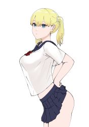  1girl absurdres arms_behind_back ass blonde_hair blue_eyes breasts clothes_lift expressionless highres long_hair original pleated_skirt school_uniform serafuku simple_background skirt skirt_lift solo tantanmen72 twintails white_background  rating:Questionable score:41 user:danbooru