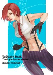  abs armpits blouse breasts commission gloves highres lace mature_female medium_breasts medium_hair midriff navel necktie nishinb one_eye_closed open_hand pants punching red_eyes red_hair red_lips red_necktie shirt striped suspenders the_king_of_fighters vanessa_(kof) white_shirt wink  rating:General score:15 user:beacon995
