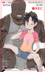  1boy 1girl age_difference akatsuki_katsuie bald camera dark-skinned_male dark_skin english_text fang freckles headpat highres hotpants imminent_penetration loli looking_at_viewer muscular muscular_male one_eye_closed original recording short_hair shorts simple_background smile spread_legs tattoo tomboy v wink 