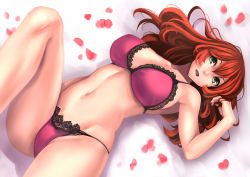  1girl armpits bare_arms bare_legs bare_shoulders bra breasts green_eyes groin hair_between_eyes highres lace lace-trimmed_bra lace-trimmed_panties lace_trim large_breasts long_hair looking_at_viewer lying navel on_back open_mouth original panties petals pink_bra pink_panties red_hair rose_petals solo stomach underwear underwear_only yashichii  rating:Sensitive score:23 user:danbooru