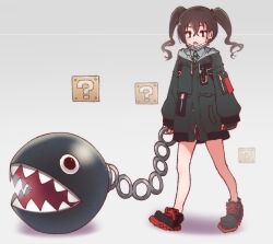  1girl ?_block bad_id bad_twitter_id black_footwear brown_eyes brown_hair chain chain_chomp coat commentary_request crossover drawstring frown full_body green_coat grey_background hair_between_eyes highres holding holding_chain hood hood_down hooded_coat idolmaster idolmaster_cinderella_girls inactive_account long_hair long_sleeves looking_at_viewer mario_(series) mask mask_pull mouth_mask nintendo open_mouth ruru_ashihara sharp_teeth shoes sleeves_past_wrists solo standing sunazuka_akira surgical_mask teeth twintails walking 