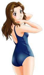 1girl :| ass blue_one-piece_swimsuit blush brown_eyes brown_hair closed_mouth hands_up looking_at_viewer looking_back mizutani_yurika neopure one-piece_swimsuit school_swimsuit simple_background standing swimsuit true_love_story white_background rating:Sensitive score:5 user:danbooru