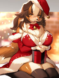 1girl bare_shoulders bell black_hair black_thighhighs bow box breasts brown_fur brown_hair cleavage commentary curvy dated detached_sleeves dog_girl dog_tail english_commentary furry furry_female gift gift_box hair_between_eyes hat highres jingle_bell kishibe large_breasts long_hair looking_at_viewer multicolored_hair neck_bell open_mouth original red_bow red_footwear red_hat red_sleeves santa_costume santa_hat signature sitting solo tail tail_wagging thick_thighs thighhighs thighs white_hair zettai_ryouiki