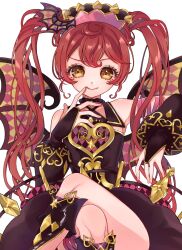  1girl ;q ao_(ao0_0nemu) bare_shoulders black_dress bridal_gauntlets cowboy_shot crossed_legs demon_wings detached_sleeves dress fang finger_to_mouth furrowed_brow gold_trim hand_up highres long_hair looking_at_viewer one_eye_closed pretty_series pripara puffy_detached_sleeves puffy_sleeves red_hair shiratama_mikan sidelocks sitting smile solo third-party_source tongue tongue_out twintails very_long_hair wings yellow_eyes 