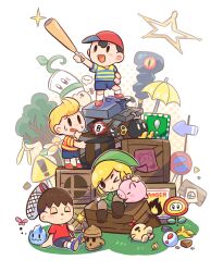 !_block &gt;_o 4boys :d :o animal_crossing animal_ears arrow_(symbol) ball bana_(bana_bilibili) banana_peel barrel baseball_bat baseball_cap black_shorts blonde_hair blue_footwear blue_shirt blue_shorts blush blush_stickers bob-omb boots box brown_footwear brown_hair bug bullet_bill butterfly butterfly_net closed_eyes closed_mouth commentary_request copyright_request crate doseisan fake_animal_ears fire_flower flower freezie grass green_headwear green_tunic gyroid_(animal_crossing) hand_net hat highres holding holding_baseball_bat holding_butterfly_net holding_wand insect kid_icarus kid_icarus_uprising kirby kirby_(series) launch_star_(mario) lightning_bolt_symbol link lloid lucas_(mother_3) mario_(series) mario_bros. mario_kart metroid mother_(game) mother_2 mother_3 multiple_boys ness_(mother_2) nintendo no_entry_sign one_eye_closed open_mouth ore_club_(kid_icarus) panel_de_pon paper pig pitfall_seed plant quiff rabbit_ears red_headwear red_shirt road_sign rock sandbag_(smash_bros) shirt shoes short_hair short_sleeves shorts sign simple_background sitting smart_bomb_(star_fox) smash_ball smile soccer_ball socks solid_oval_eyes sparkle speech_bubble standing star_(symbol) star_fox star_rod star_wand striped_clothes striped_shirt super_mario_64 super_mario_galaxy super_smash_bros. sweatdrop t-shirt the_legend_of_zelda the_legend_of_zelda:_the_wind_waker toon_link tree tunic two-tone_shirt umbrella villager_(animal_crossing) vines wand warning_sign white_background white_socks wooden_box yellow_shirt yellow_umbrella