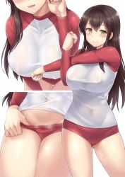 10s 1girl :d akagi_(kancolle) alternate_costume blush breasts brown_eyes brown_hair buruma buruma_pull closed_mouth clothes_pull covered_erect_nipples head_out_of_frame kantai_collection large_breasts leaning_forward long_hair looking_at_viewer multiple_girls multiple_views no_bra open_mouth pulled_by_self rash_guard sama_samasa simple_background smile stretching sweat white_background rating:Questionable score:58 user:danbooru