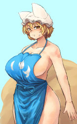 1girl animal_ears animal_hat apron aqua_background bare_arms bare_shoulders blonde_hair blue_background blush breasts chanta_(ayatakaoisii) cleavage collarbone commentary_request curvy female_focus fox_ears fox_tail hat highres hip_focus huge_breasts large_breasts looking_at_viewer mob_cap monochrome_background multiple_tails naked_apron no_bra no_panties short_hair simple_background slit_pupils solo standing sweatdrop tabard tail thick_thighs thighs touhou wide_hips yakumo_ran yellow_eyes rating:Explicit score:15 user:danbooru