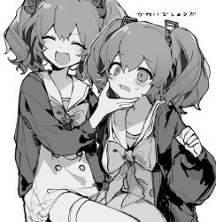  2girls ^_^ bow bowtie buttons closed_eyes collared_jacket commentary_request crying crying_with_eyes_open danganronpa_(series) double-breasted fortissimo frown greyscale hair_ornament hand_on_another&#039;s_chin highres jacket laughing light_blush long_hair long_sleeves monochrome multiple_girls musical_note musical_note_hair_ornament open_clothes open_jacket open_mouth otonokoji_hibiki otonokoji_kanade puffy_long_sleeves puffy_sleeves raised_eyebrows sad sailor_collar short_twintails simple_background sitting sitting_on_lap sitting_on_person smile super_danganronpa_another_2 teardrop tears thighhighs translation_request twintails uyu_(pixiv_92484260) v-shaped_eyebrows wavy_mouth white_background 