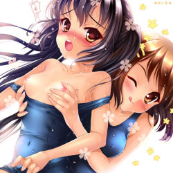 2girls :q bad_id bad_pixiv_id black_hair grabbing_another&#039;s_breast breasts brown_eyes brown_hair flower grabbing hirasawa_yui k-on! miiru multiple_girls nakano_azusa navel nipples one-piece_swimsuit one_eye_closed school_swimsuit shiny_clothes small_breasts sweat swimsuit tongue tongue_out wink yuri rating:Questionable score:23 user:danbooru