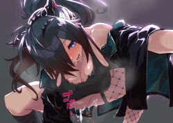  1girl aftersex animal_ears asymmetrical_legwear black_hair blue_eyes breasts cleavage cum cumdrip earrings fishnet_thighhighs fishnets hair_over_one_eye highres jewelry large_breasts missile_(55missile) multiple_earrings puzzle_&amp;_dragons roche_(p&amp;d) solo tagme thighhighs 