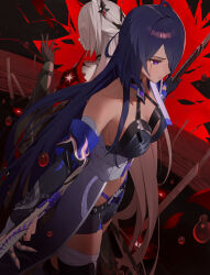  1girl acheron_(honkai:_star_rail) ahoge armor asymmetrical_legwear bandaged_arm bandaged_leg bandages belt black_belt black_choker black_coat black_gloves black_shorts blood bloody_tears body_markings boots breasts chain chain_around_arm choker cleavage closed_mouth coat coattails collarbone commentary cowboy_shot criss-cross_halter crop_top diamond-shaped_pupils diamond_(shape) dual_persona dutch_angle facing_ahead flower gloves glow_(user_hnpv7785) hair_ornament hair_over_one_eye halterneck hand_up highres holding holding_sword holding_weapon honkai:_star_rail honkai_(series) knee_boots large_breasts long_hair looking_ahead looking_at_hand midriff multicolored_hair navel official_alternate_color planted planted_sword planted_weapon purple_eyes purple_hair rain red_flower scabbard sheath sheathed short_shorts shorts shoulder_armor single_bare_shoulder single_knee_boot single_thigh_boot single_wide_sleeve streaked_hair sword sword_behind_back symbol-shaped_pupils thigh_boots thighs very_long_hair water_drop weapon white_coat white_hair 